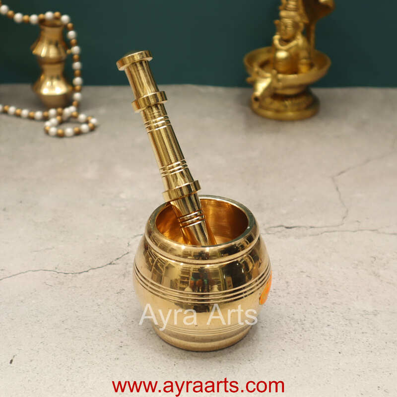 Pure Brass Kutani Small Mortar and Pestle Traditional Hand Smasher Round for Kitchen- 7 Inch Height
