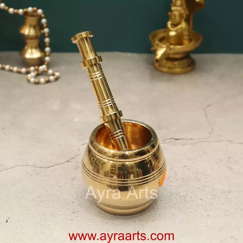 Pure Brass Kutani Small Mortar and Pestle Traditional Hand Smasher Round for Kitchen- 7 Inch Height