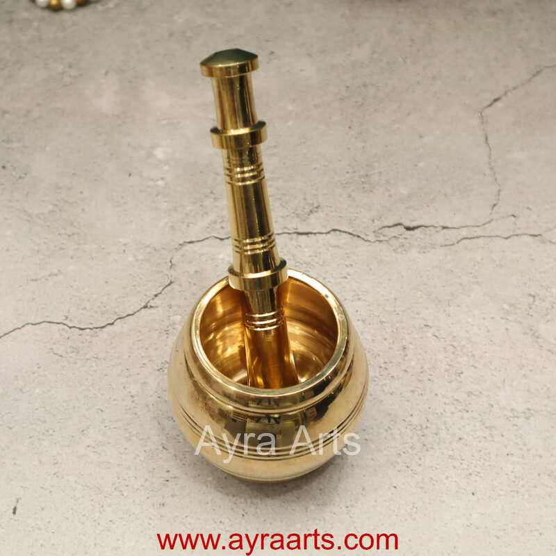 Pure Brass Kutani Small Mortar and Pestle Traditional Hand Smasher Round for Kitchen- 7 Inch Height