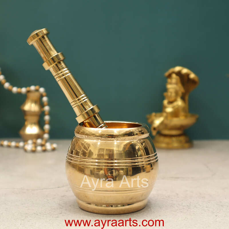 Pure Brass Kutani Small Mortar and Pestle Traditional Hand Smasher Round for Kitchen- 7 Inch Height