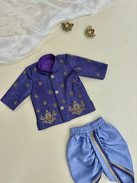 Violet-Blue Motif Hand Embroidered Silk Kurta Dhoti Set