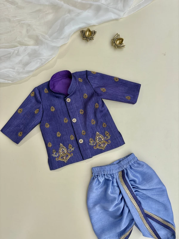 Violet-Blue Motif Hand Embroidered Silk Kurta Dhoti Set