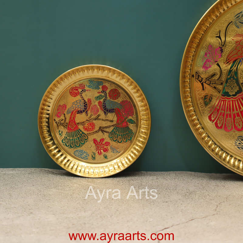 Brass Plate for Pooja Engraved Printed Peacock Design Inside