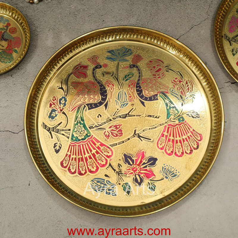 Brass Plate for Pooja Engraved Printed Peacock Design Inside