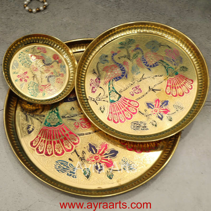 Brass Plate for Pooja Engraved Printed Peacock Design Inside