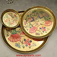 Brass Plate for Pooja Engraved Printed Peacock Design Inside