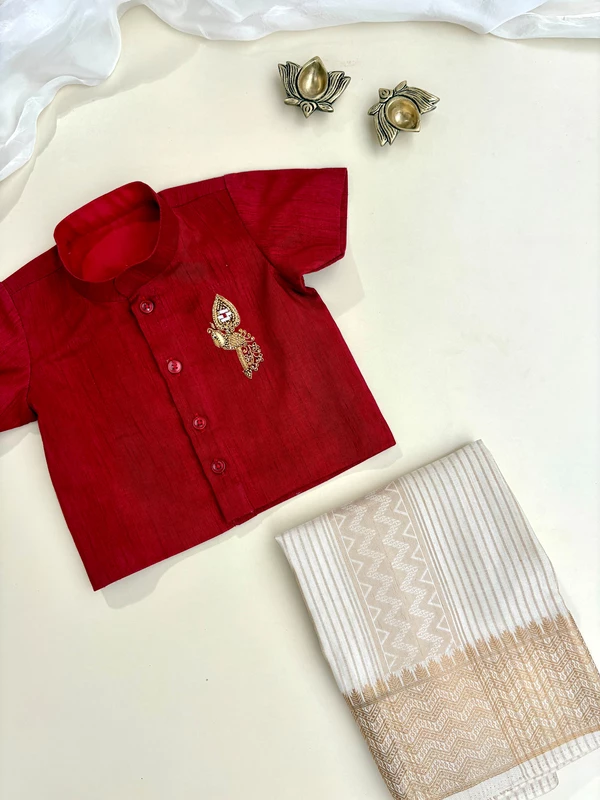 Peacock Vel Hand embroidered Veshti Shirt Set