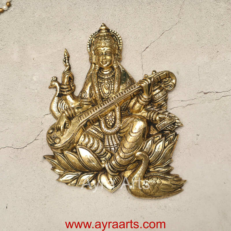 Pure Brass Lotus Saraswati Wall Hanging Frame - 10 Inch Height