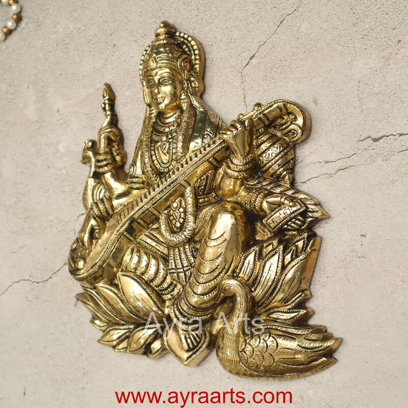 Pure Brass Lotus Saraswati Wall Hanging Frame - 10 Inch Height
