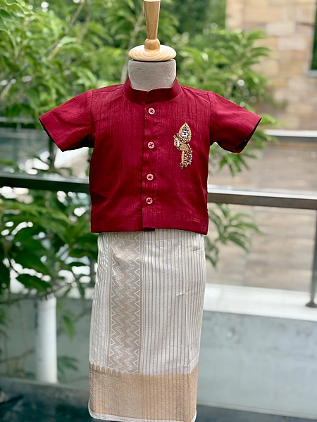 Peacock Vel Hand embroidered Veshti Shirt Set