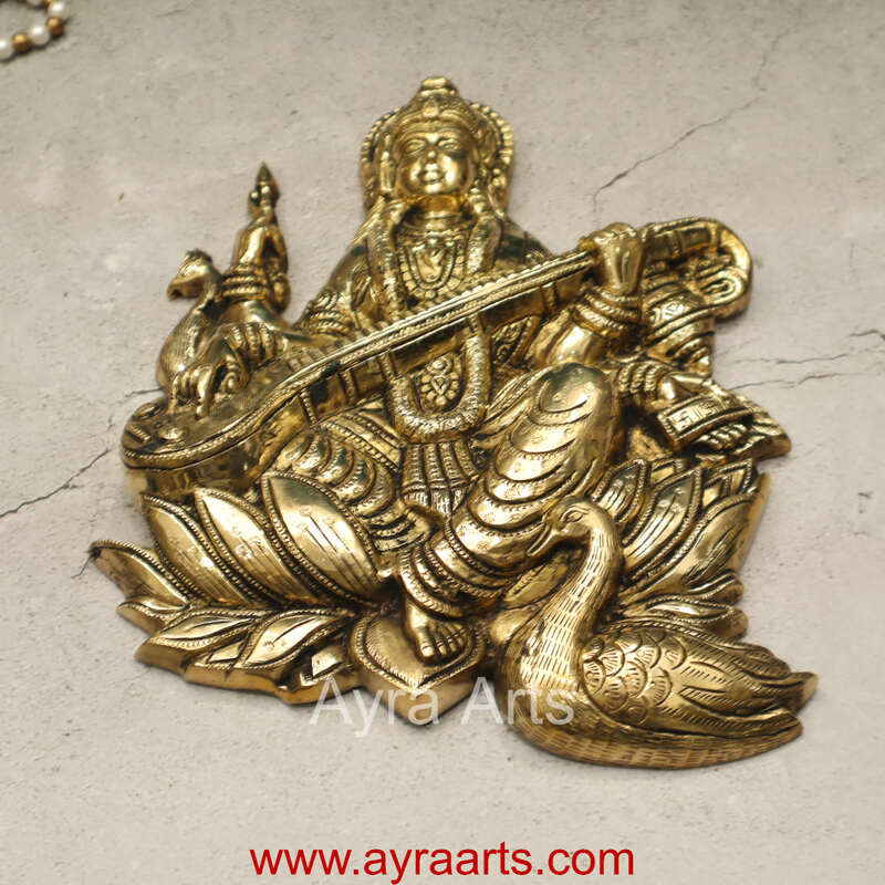 Pure Brass Lotus Saraswati Wall Hanging Frame - 10 Inch Height