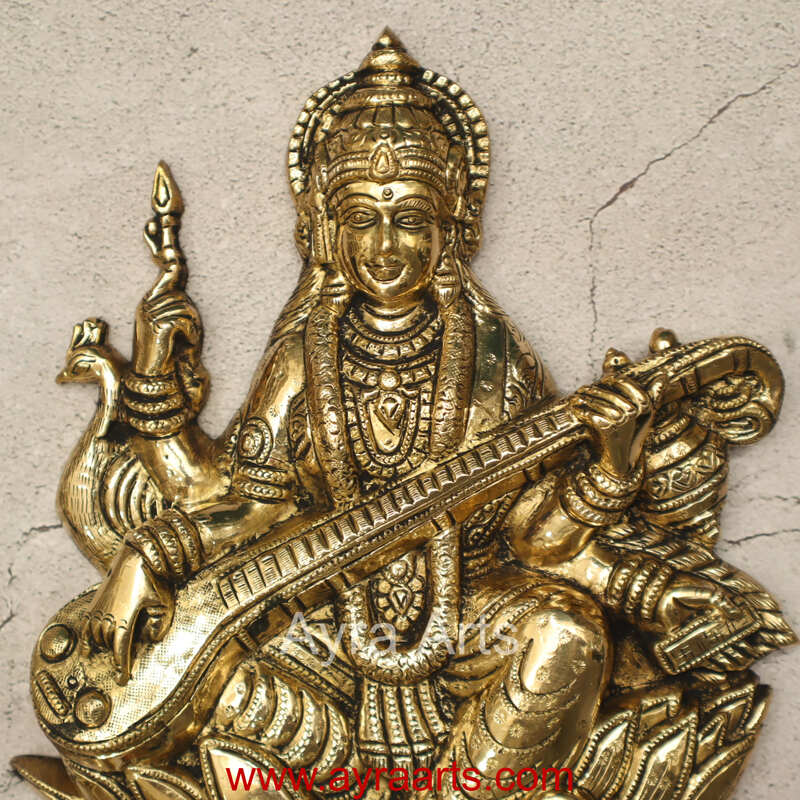 Pure Brass Lotus Saraswati Wall Hanging Frame - 10 Inch Height