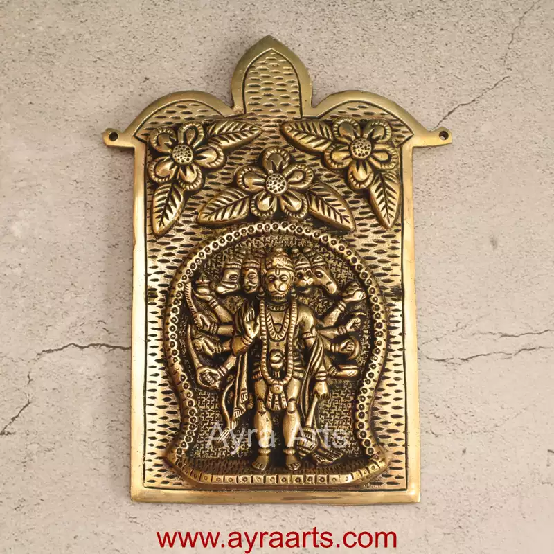 Brass Shri Panchmukhi Hanuman Ji Wall Hanging Frame - 9 Inch Height