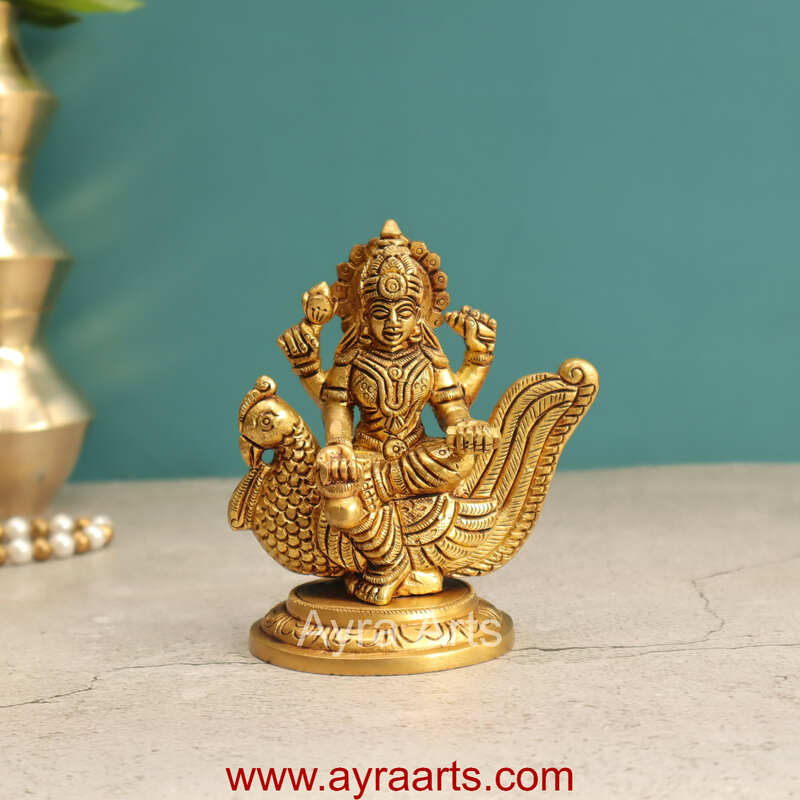 Brass Idol Hindu Goddess Gayatri Mata Devi Sitting on Swan Savitri  Mother of Vedas for Puja Mandir Temple - 4.5 inch height