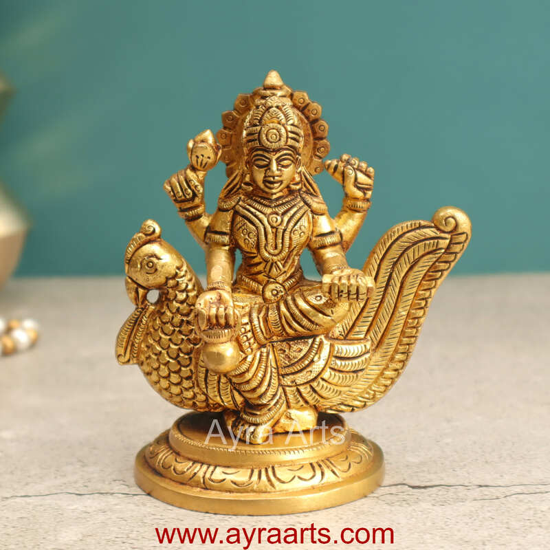 Brass Idol Hindu Goddess Gayatri Mata Devi Sitting on Swan Savitri  Mother of Vedas for Puja Mandir Temple - 4.5 inch height