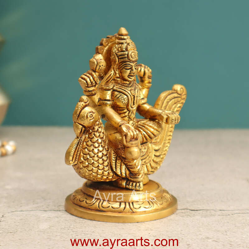 Brass Idol Hindu Goddess Gayatri Mata Devi Sitting on Swan Savitri  Mother of Vedas for Puja Mandir Temple - 4.5 inch height