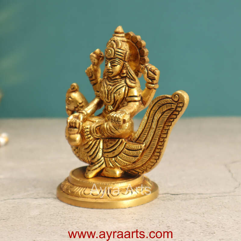 Brass Idol Hindu Goddess Gayatri Mata Devi Sitting on Swan Savitri  Mother of Vedas for Puja Mandir Temple - 4.5 inch height