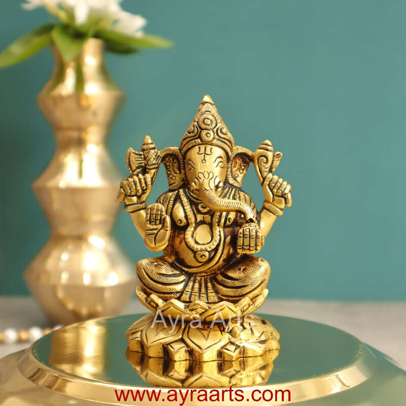Brass Fine Art Ganesha Sitting On Lotus Base - 4 Inch Height