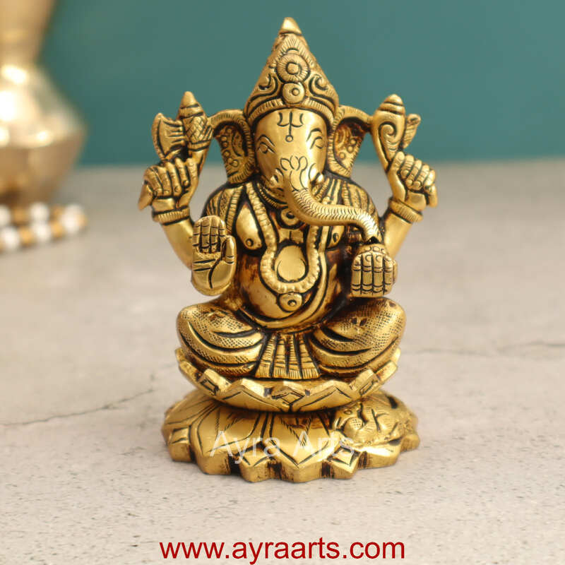 Brass Fine Art Ganesha Sitting On Lotus Base - 4 Inch Height