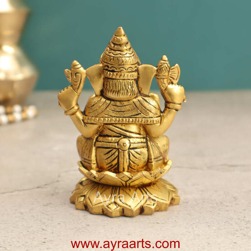 Brass Fine Art Ganesha Sitting On Lotus Base - 4 Inch Height