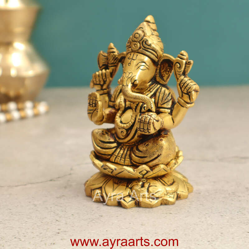 Brass Fine Art Ganesha Sitting On Lotus Base - 4 Inch Height