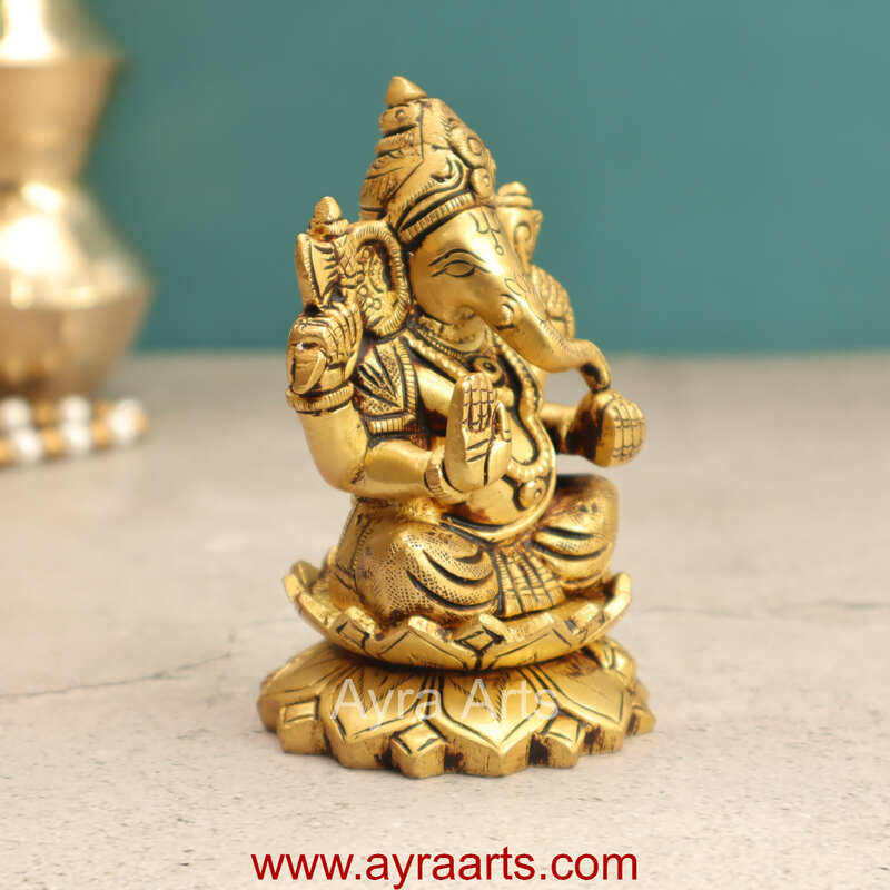 Brass Fine Art Ganesha Sitting On Lotus Base - 4 Inch Height