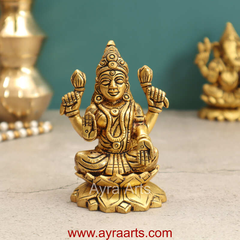 Brass Fine Art Lakshmi Sitting On Lotus Base - 4 Inch Height