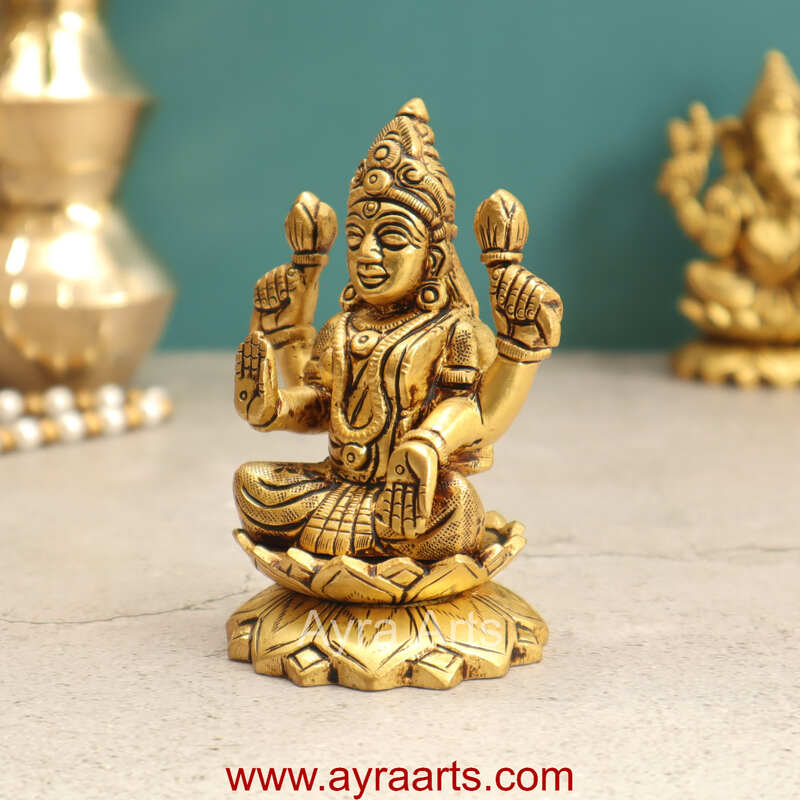 Brass Fine Art Lakshmi Sitting On Lotus Base - 4 Inch Height
