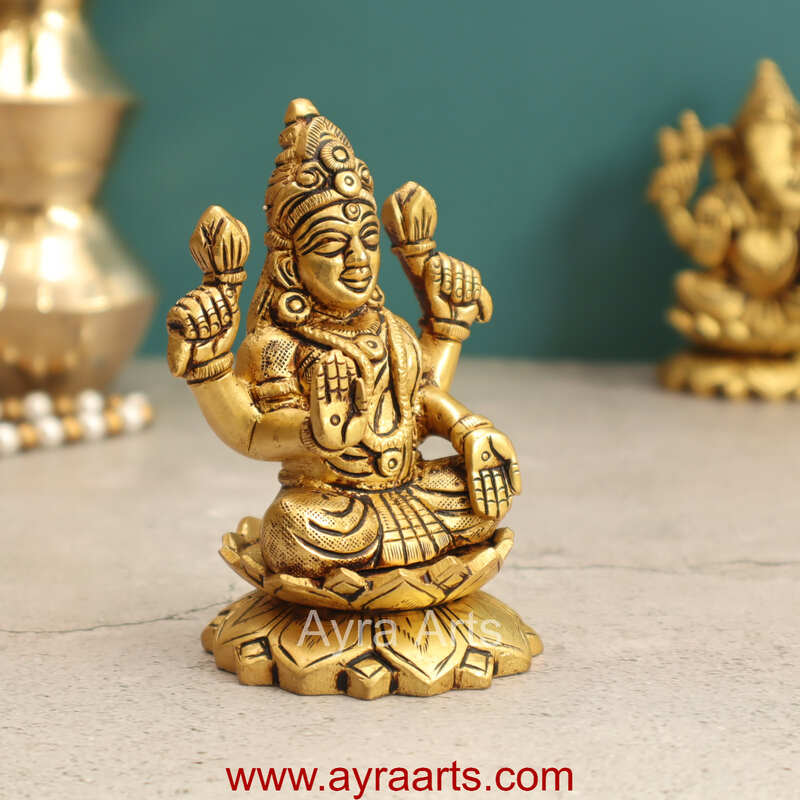 Brass Fine Art Lakshmi Sitting On Lotus Base - 4 Inch Height