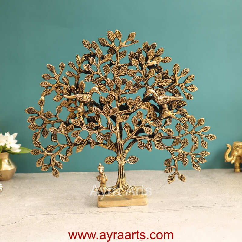 Brass Kalpavriksh Tree with Birds - 11 inch Height | Auspicious Brass Sculpture for Positive Vibes