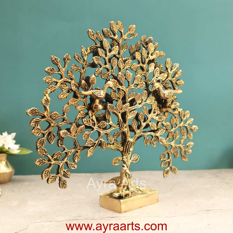 Brass Kalpavriksh Tree with Birds - 11 inch Height | Auspicious Brass Sculpture for Positive Vibes