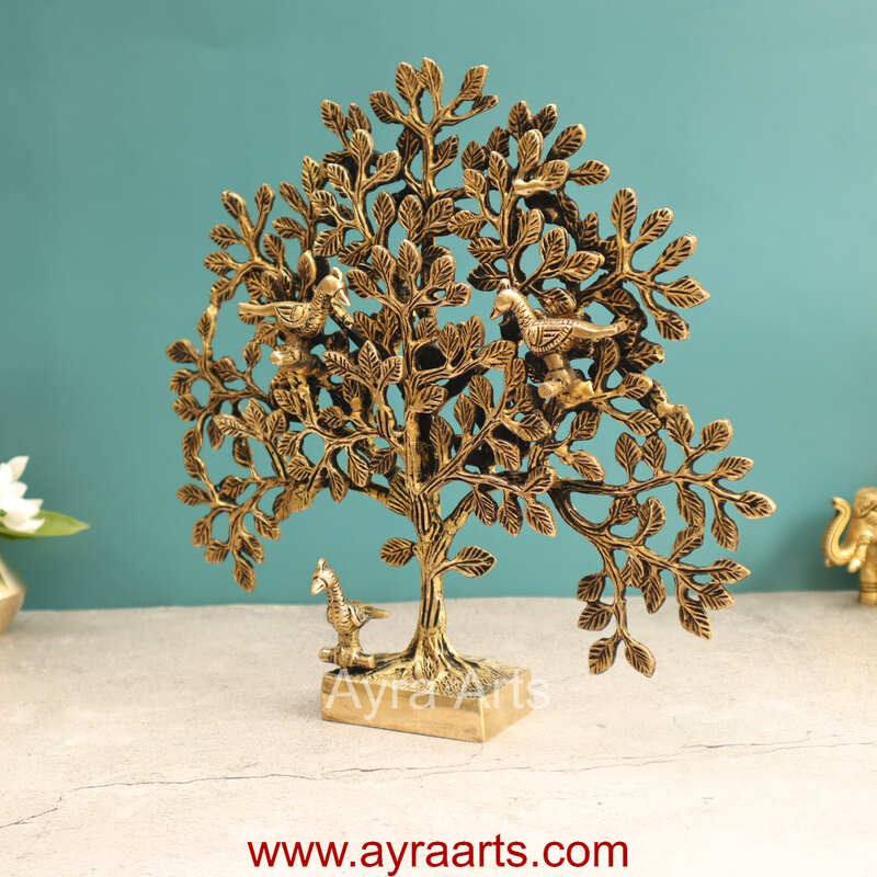 Brass Kalpavriksh Tree with Birds - 11 inch Height | Auspicious Brass Sculpture for Positive Vibes