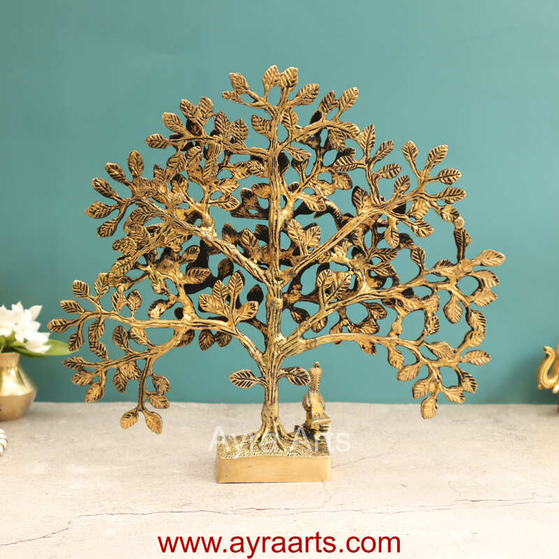 Brass Kalpavriksh Tree with Birds - 11 inch Height | Auspicious Brass Sculpture for Positive Vibes