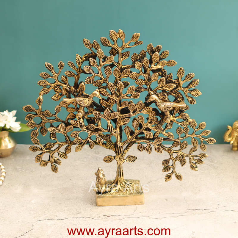 Brass Kalpavriksh Tree with Birds - 11 inch Height | Auspicious Brass Sculpture for Positive Vibes