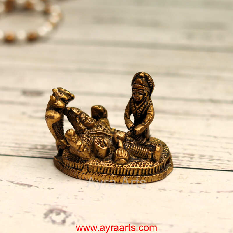 Brass Vishnu Narayan Resting on Sheshnag with Lakshmi - 2.5 inch Length