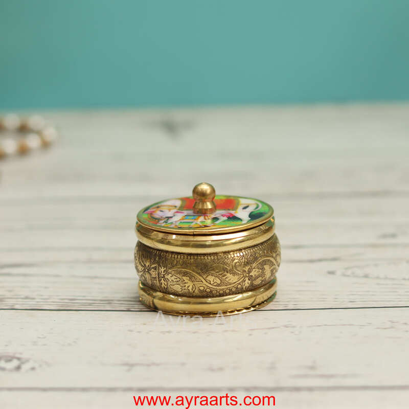 Brass Handcrafted Cow Meena Design Sindoor Dibbi Kumkum Box Fancy Box Round - 2 Inch Length