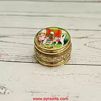 Brass Handcrafted Cow Meena Design Sindoor Dibbi Kumkum Box Fancy Box Round - 2 Inch Length