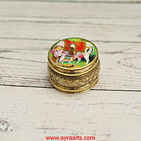 Brass Handcrafted Cow Meena Design Sindoor Dibbi Kumkum Box Fancy Box Round - 2 Inch Length
