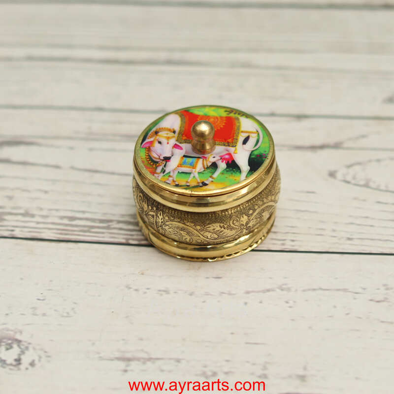 Brass Handcrafted Cow Meena Design Sindoor Dibbi Kumkum Box Fancy Box Round - 2 Inch Length