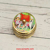 Brass Handcrafted Cow Meena Design Sindoor Dibbi Kumkum Box Fancy Box Round - 2 Inch Length