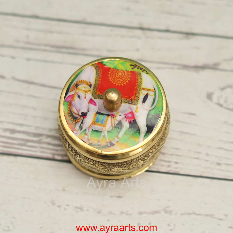 Brass Handcrafted Cow Meena Design Sindoor Dibbi Kumkum Box Fancy Box Round - 2 Inch Length