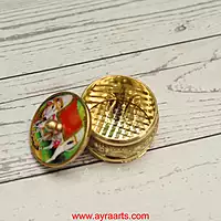 Brass Handcrafted Cow Meena Design Sindoor Dibbi Kumkum Box Fancy Box Round - 2 Inch Length