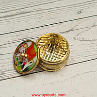 Brass Handcrafted Cow Meena Design Sindoor Dibbi Kumkum Box Fancy Box Round - 2 Inch Length