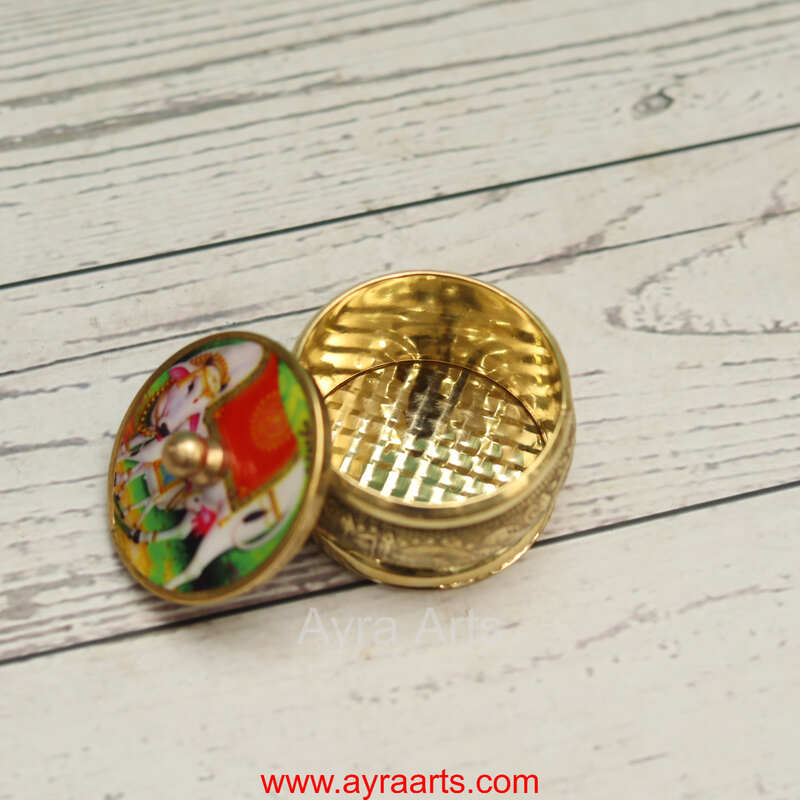 Brass Handcrafted Cow Meena Design Sindoor Dibbi Kumkum Box Fancy Box Round - 2 Inch Length