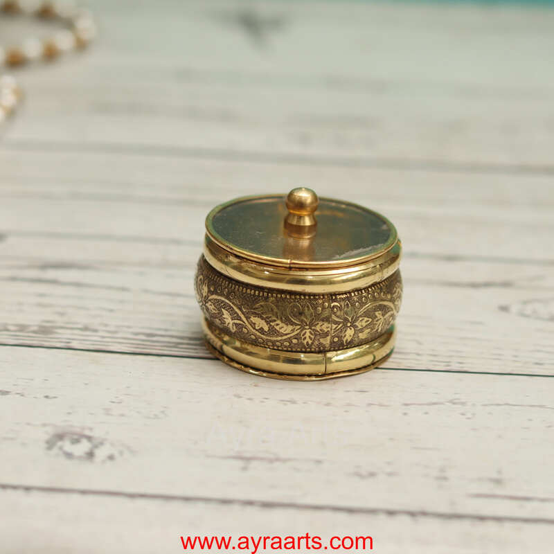 Brass Handcrafted Sindoor Dibbi Kumkum Box with Transparent Glass Top Fancy Box Round - 2 Inch Length