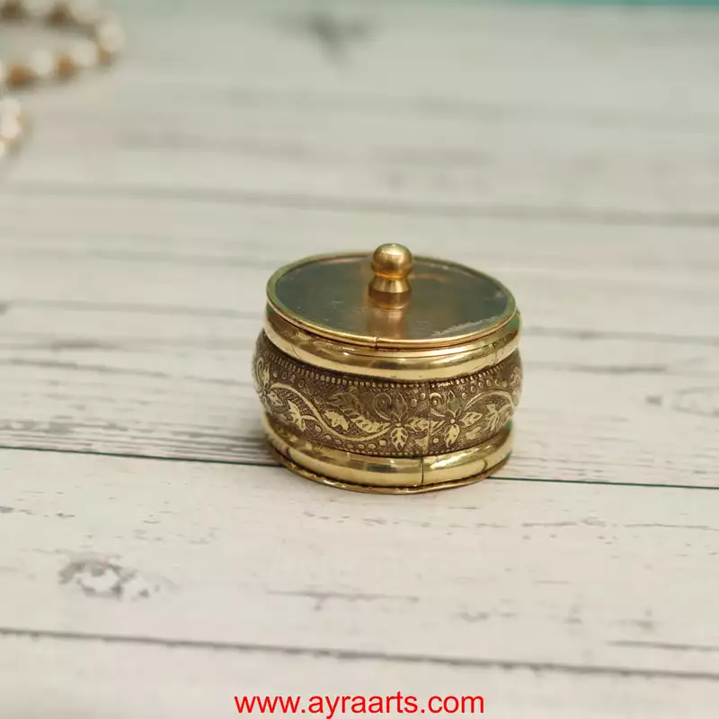 Brass Handcrafted Sindoor Dibbi Kumkum Box with Transparent Glass Top Fancy Box Round - 2 Inch Length