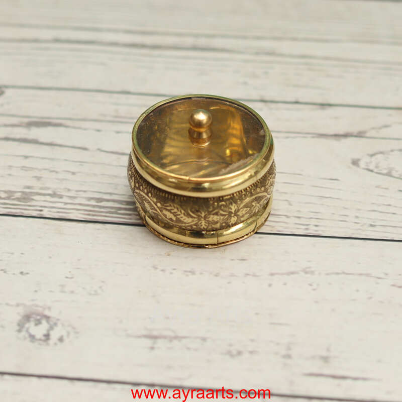 Brass Handcrafted Sindoor Dibbi Kumkum Box with Transparent Glass Top Fancy Box Round - 2 Inch Length