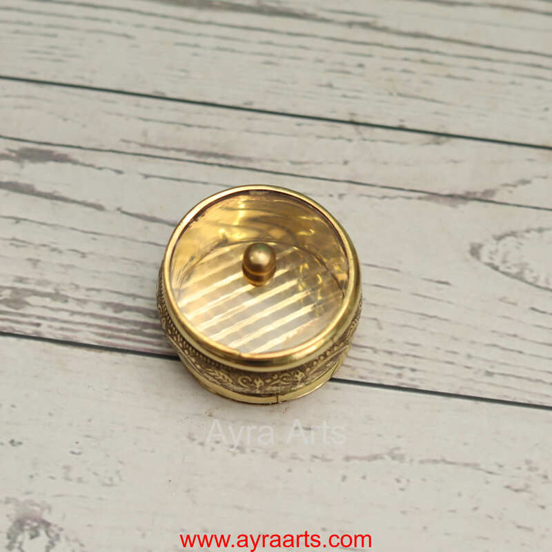 Brass Handcrafted Sindoor Dibbi Kumkum Box with Transparent Glass Top Fancy Box Round - 2 Inch Length