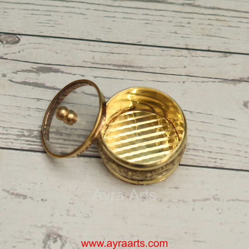 Brass Handcrafted Sindoor Dibbi Kumkum Box with Transparent Glass Top Fancy Box Round - 2 Inch Length
