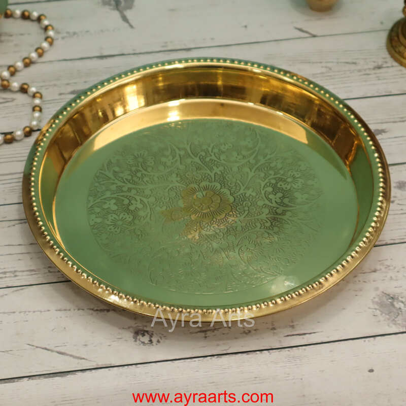 Brass Embossed Khomcha Plate Decorative Platter for Pooja Gifting & Festive Use